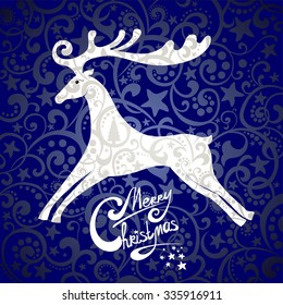 Christmas card. Celebration blue background with blue deer and place for your text. vector illustration