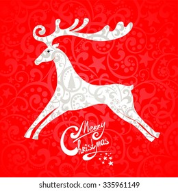 Christmas card. Celebration red background with gift deer and place for your text. vector illustration