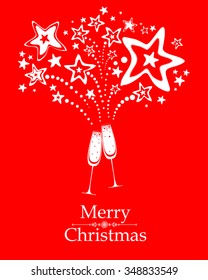 Christmas card. Celebration red background with Two Glasses of champagne, firework and place for your text. Vector illustration 