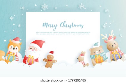 Christmas card, celebrations with Santa and friends, Christmas scene in paper cut style vector illustration. 