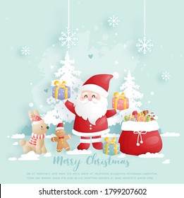 Christmas card, celebrations with Santa and friends, Christmas scene in paper cut style vector illustration. 