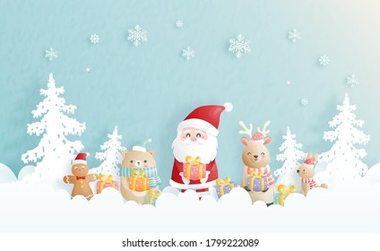 Christmas card, celebrations with Santa and friends, Christmas scene in paper cut style vector illustration. 