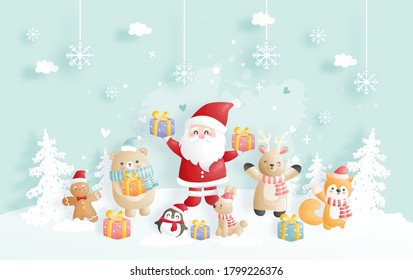 Christmas card, celebrations with Santa and friends, Christmas scene in paper cut style vector illustration. 