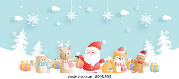 Christmas card, celebrations with Santa and friends, Christmas scene banner in paper cut style vector illustration. 