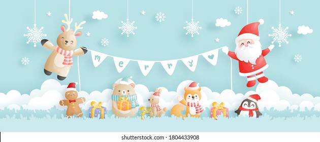 Christmas card, celebrations with Santa and friends, Christmas scene banner in paper cut style vector illustration. 