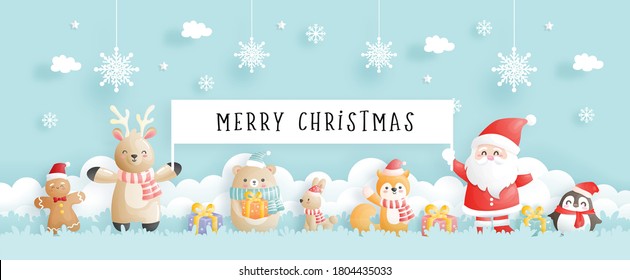 Christmas card, celebrations with Santa and friends, Christmas scene banner in paper cut style vector illustration. 