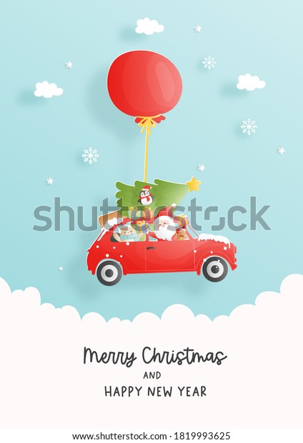Christmas card,
celebrations with Santa and friends, Christmas scene in paper cut
style vector illustration.
