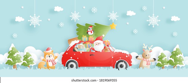 Christmas card, celebrations with Santa and reindeer in the car , Christmas scene for banner in paper cut style vector illustration. 