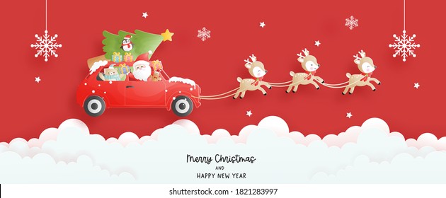 Christmas card, celebrations with Santa and reindeer in the car , Christmas scene for banner in paper cut style vector illustration. 