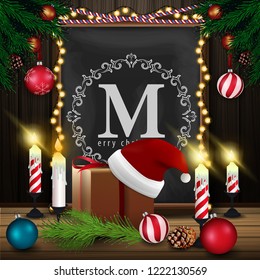 Christmas card with chalkboard, gifts and Christmas candle