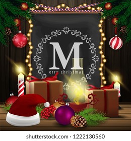 Christmas card with chalkboard, gifts and old lamp