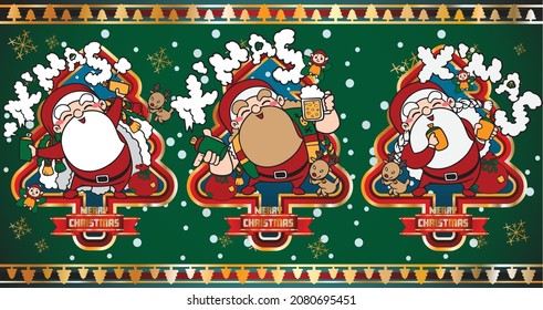 Christmas Card, Character illustrations isolated on Green. Funny happy Santa Claus character with Christmas tree and gift vector.