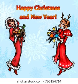 Christmas card with cheerful characters on a winter background.