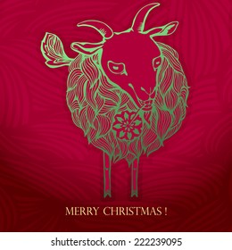 Christmas card with a cheerful goat made tracery lines.2015 Chinese New Year of the Goat. Isolated, vector illustration