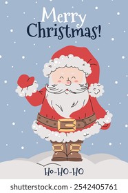 Christmas card with cheerful Santa Claus in red suit waving hand on snowy blue background in flat cartoon style. Vector illustration for poster, banner, invitation, etc.