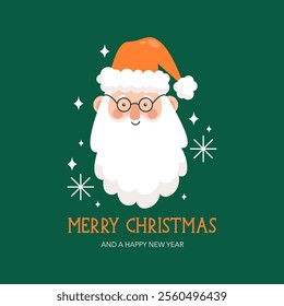 Christmas card with a cheerful Santa Claus and inscriptions. Vector illustration