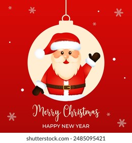 Christmas card with cheerful santa on a red background in carton style.Merry Christmas and Happy New Year.