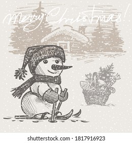 Christmas card with cheerful snowman skiing in snowfall