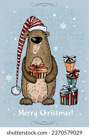 A Christmas card with a cheerful teddy bear with gifts. Vector.