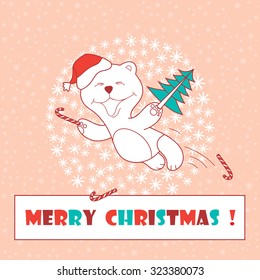 Christmas card. Cheerful teddy bear with Christmas tree. Merry Christmas. New Year.