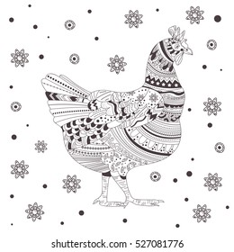 Christmas card with chicken. The symbol of the Chinese new year. Zentangle style. Coloring book for adult, antistress coloring pages. Hand drawn vector isolated illustration on white background.