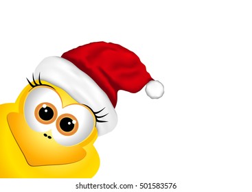 Christmas card with chickens in Santa hat. Rooster symbol New Year 2017.
