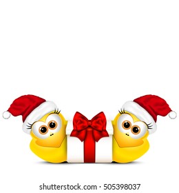 Christmas card with chickens in Santa hat. Rooster symbol New Year 2017.