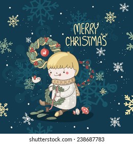 Christmas card with child who makes a wreath on it. Happy New Year and Merry Christmas! 