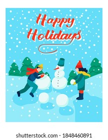 Christmas card. Children make a snowman. Lettering happy holidays. Vector illustration. Banner, poster, template.