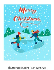 Christmas card. Children are skating. Lettering Merry Christmas. Vector illustration. Banner, poster, template.