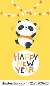 Christmas card with Chinese panda with sparklers. Happy new year. Vector cartoon illustration in simple childish hand drawn cartoon style. The limited palette is ideal for printing