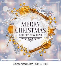 Christmas card with circular garland made from fir branches, yellow berries, gingerbreads, cinnamon, orange, pearls. Background with bokeh lights. Vector.