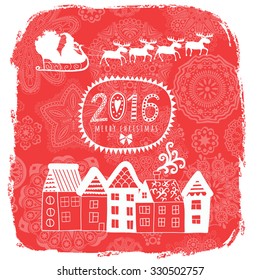 Christmas card with city view, lettering message label, greeting card with houses and Santa Claus in his sleigh of reindeer in the sky silhouette on ornamental snowflakes background