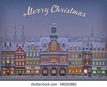 Christmas card with cityscape and snowfall. 