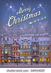 Christmas card with cityscape and snowfall.