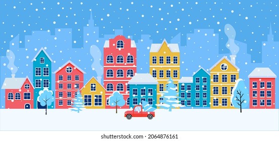 Christmas card with cityscape, snowfall car and Christmas trees. Christmas town. winter Christmas village. EPS 10