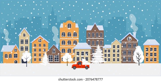 Christmas card with cityscape, snowfall car and Christmas trees. Christmas town. winter Christmas village.