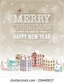 Christmas card with cityscape and snowfall. Vector illustration.