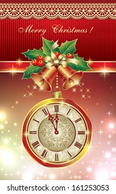 Christmas card with a clock and bells