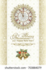 Christmas card with clock and bells on a background of ornaments. Vector illustration