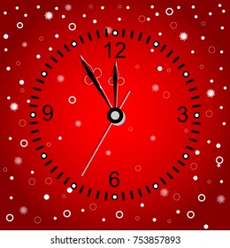 Christmas card with clock on a red background. Vector Illustration