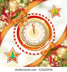 Christmas card with clock and pine tree