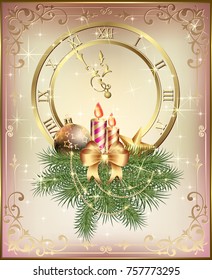 Christmas card with a clock, Christmas tree and golden candles with a bow and ornaments and Christmas tree hats
