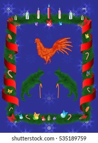 Christmas card with cock, garland and fir branch frame. Vector illustration