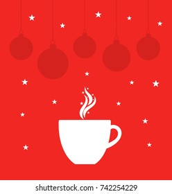 Christmas card with coffee cup and baubles, red background. Vector illustration