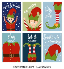 Christmas card collection with elves. Labels. Stickers. Flat design