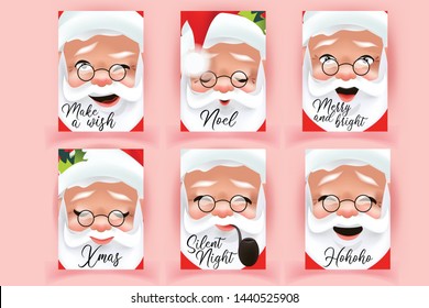 Christmas card collection with Santa Claus faces. classic red and white design greetings with sayings