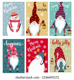 Christmas card collection with snowman and gnomes. Labels. Stickers. Flat design