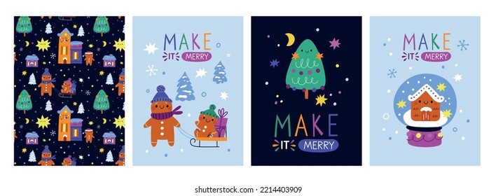 Christmas card collection with traditional design elements: gingerbread man, tree, gifts and snowflakes. Winter holidays prints with cute characters. Christmas illustration in flat style