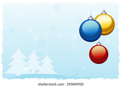 Christmas card with colored christmas-tree decorations, fir-tree, grunge frame and snowflakes on a light blue background.  
